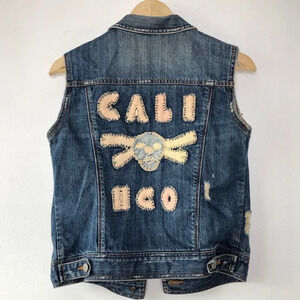 Hollister Skull Embroidered Distressed Jean Vest